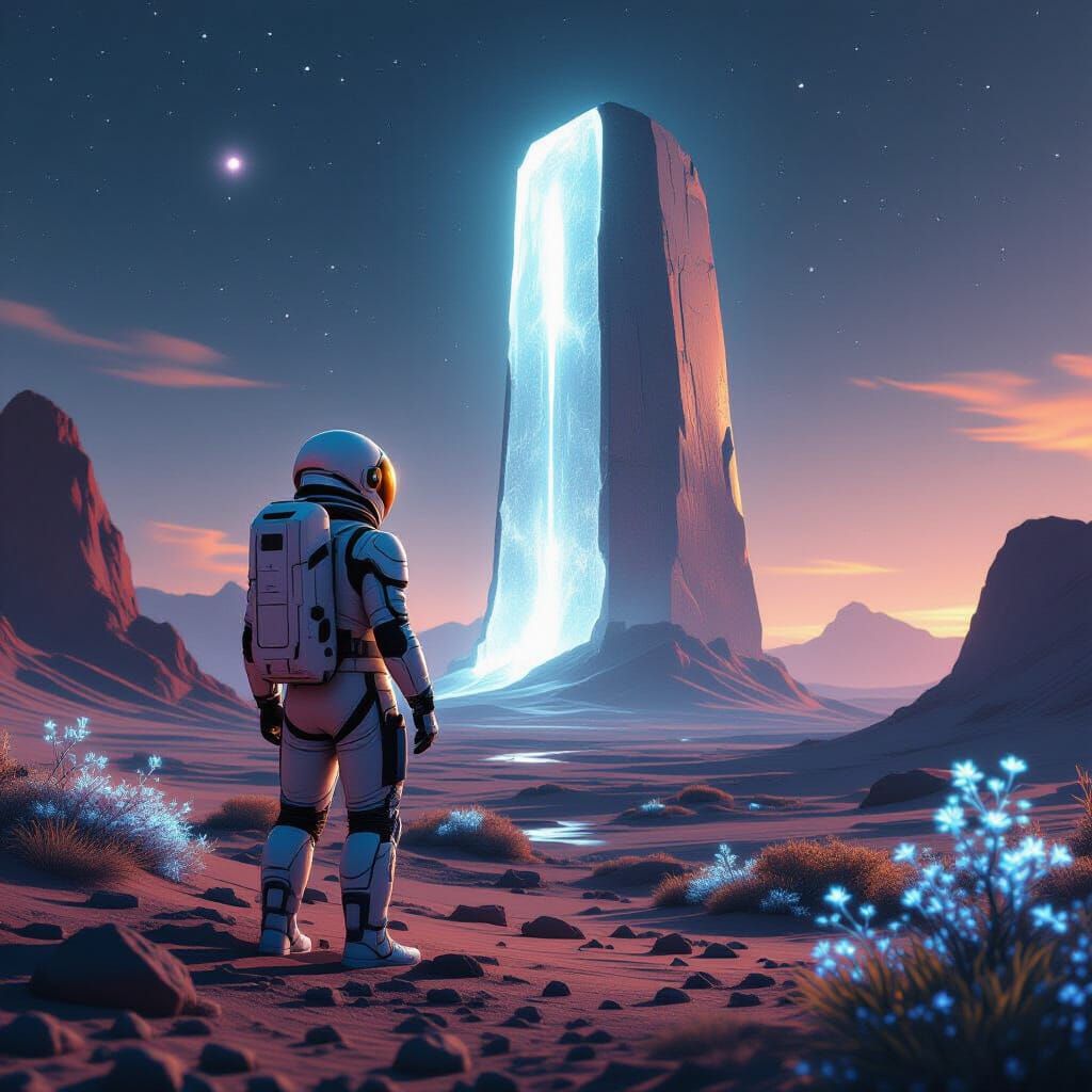 Astronaut on Alien Planet Gazes at Glowing Monolith