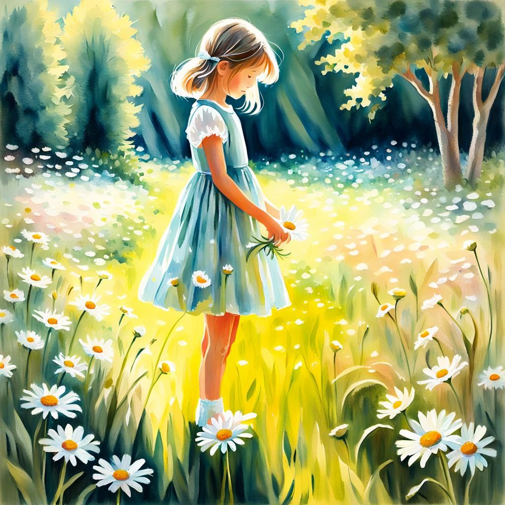 Girl with Daisy: Impressionist Garden Painting