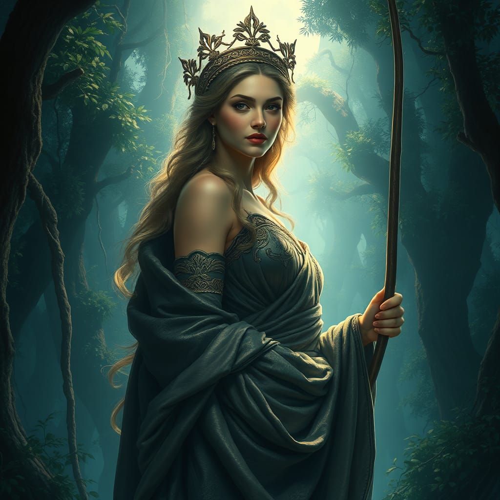 Artemis, Greek Goddess, in Mystical Forest Portrait
