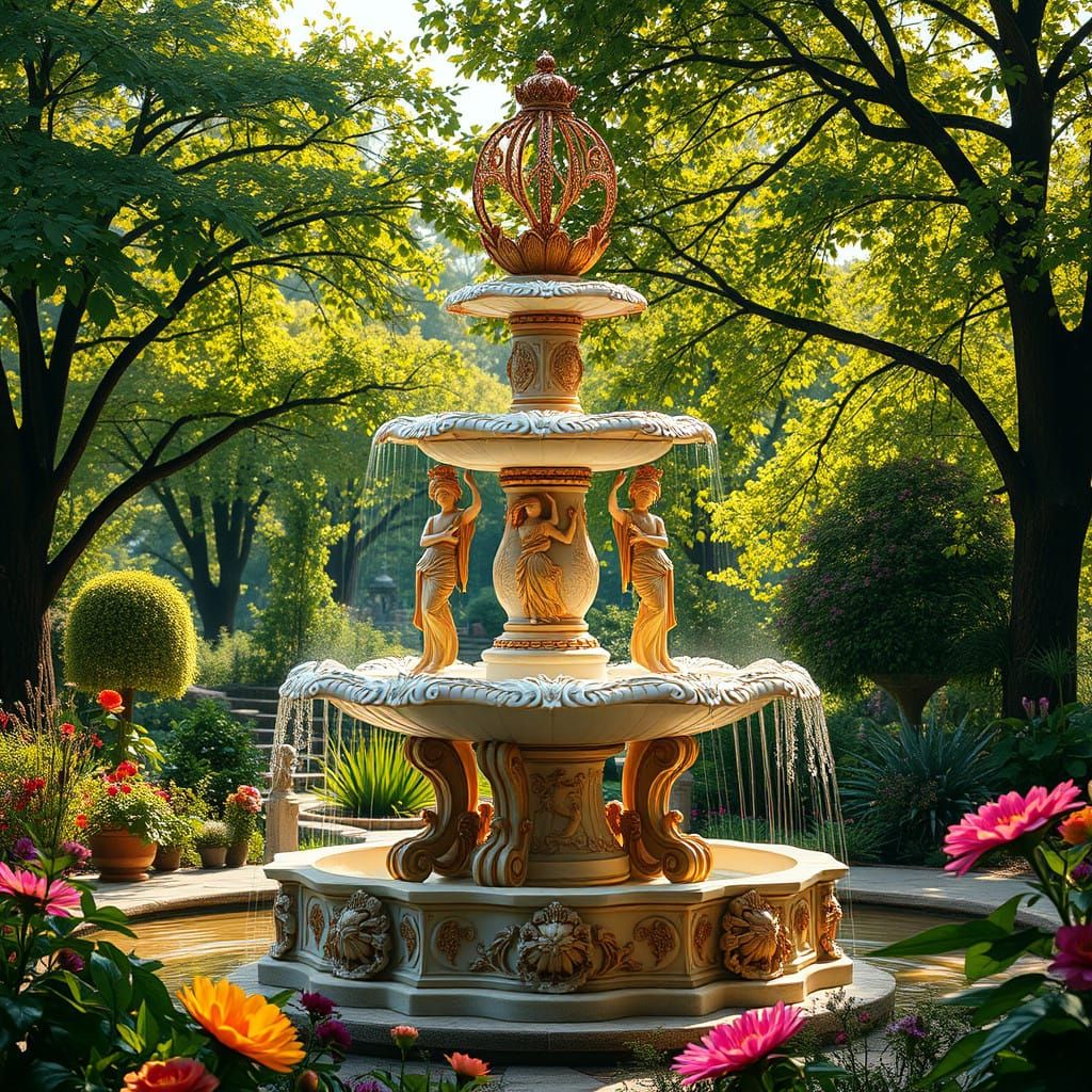 Art Nouveau Porcelain Fountain with Golden Dancing Maidens i...