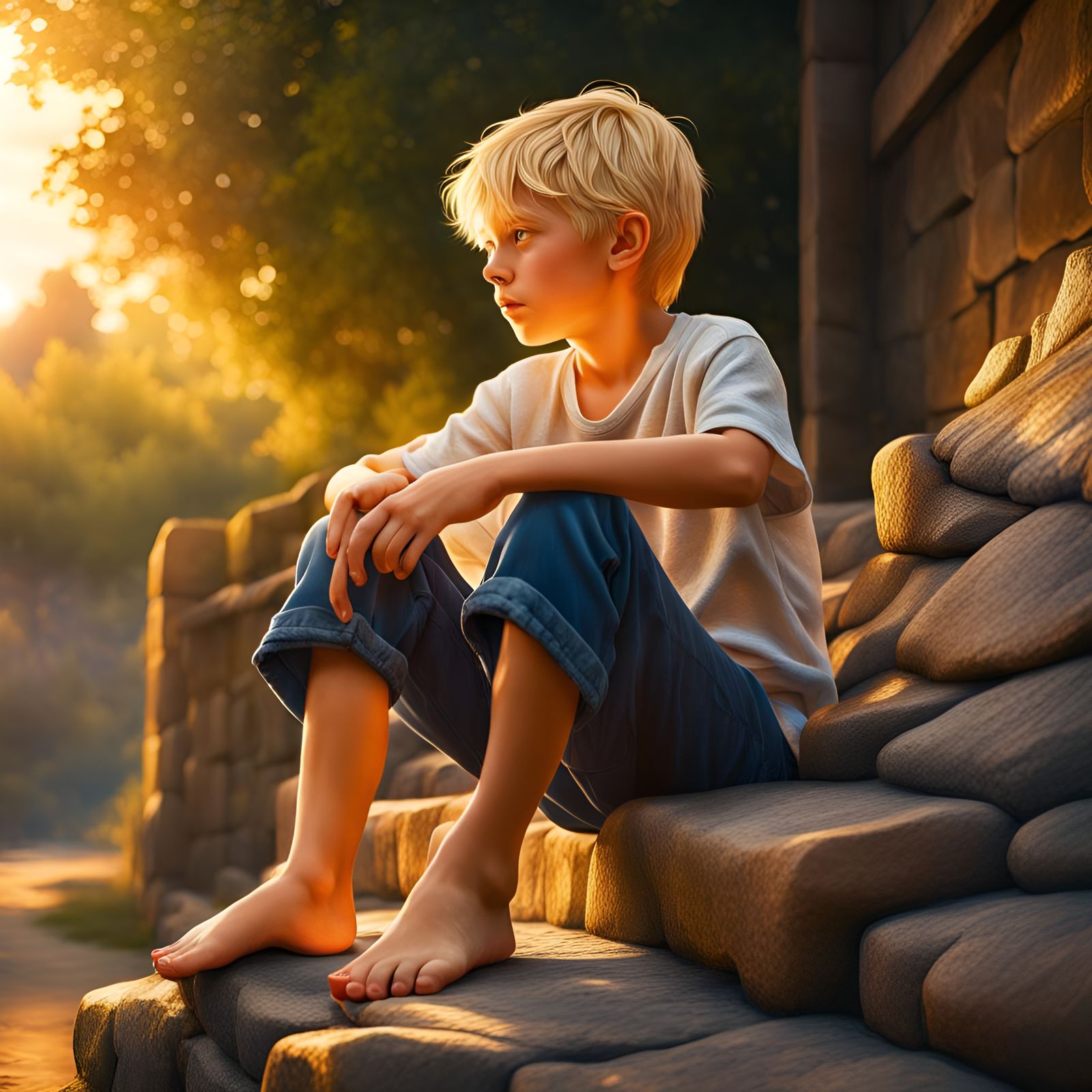 Boy on Stone Wall in Golden Hour Illustration