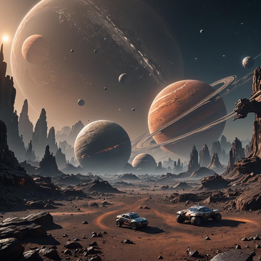 Gas Giant Planet with Spaceship in Asteroid Field