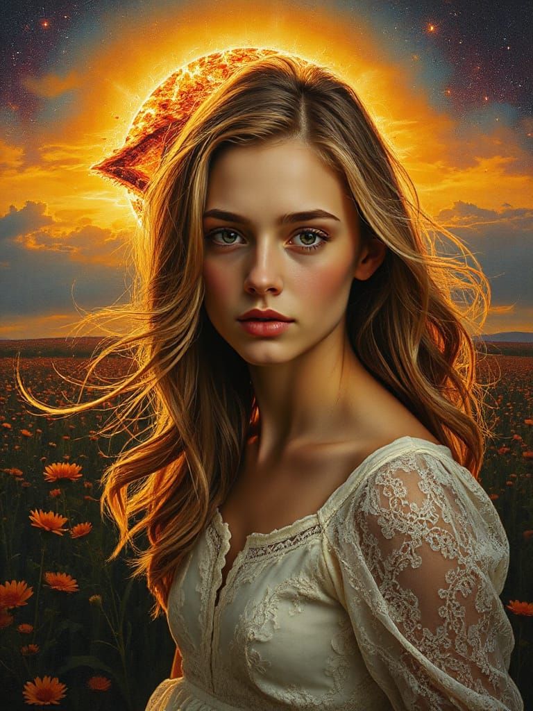 Young Woman in Wildflower Field Under Cosmic Eye