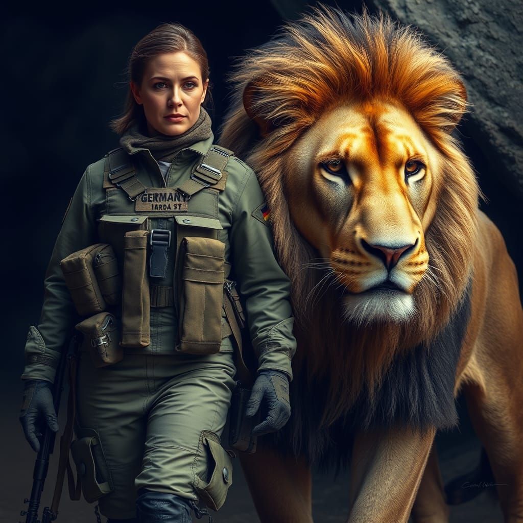 Soldier and Cave Lion in Photorealistic Style