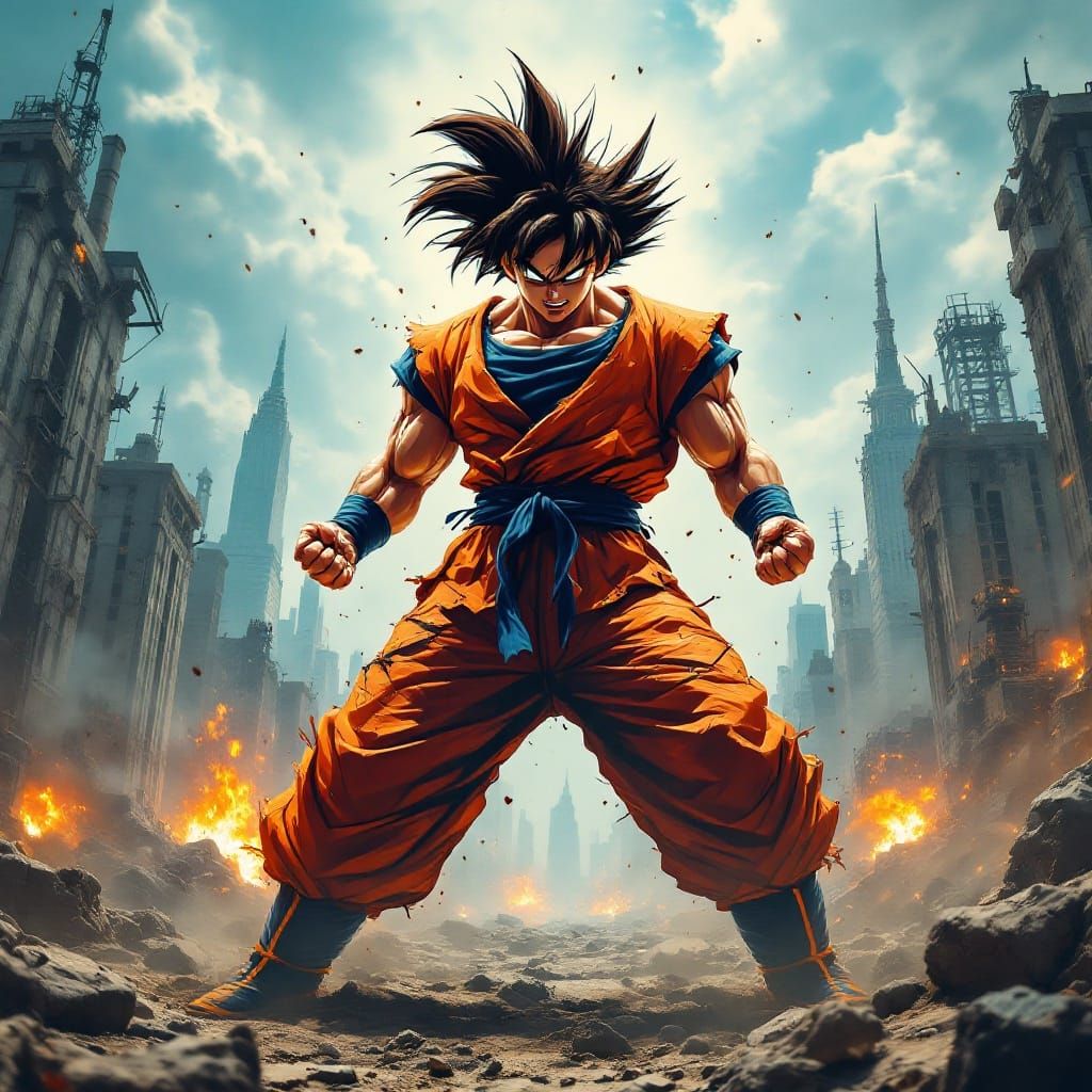 Epic Goku Transforms Amidst Post-Apocalyptic Ruins