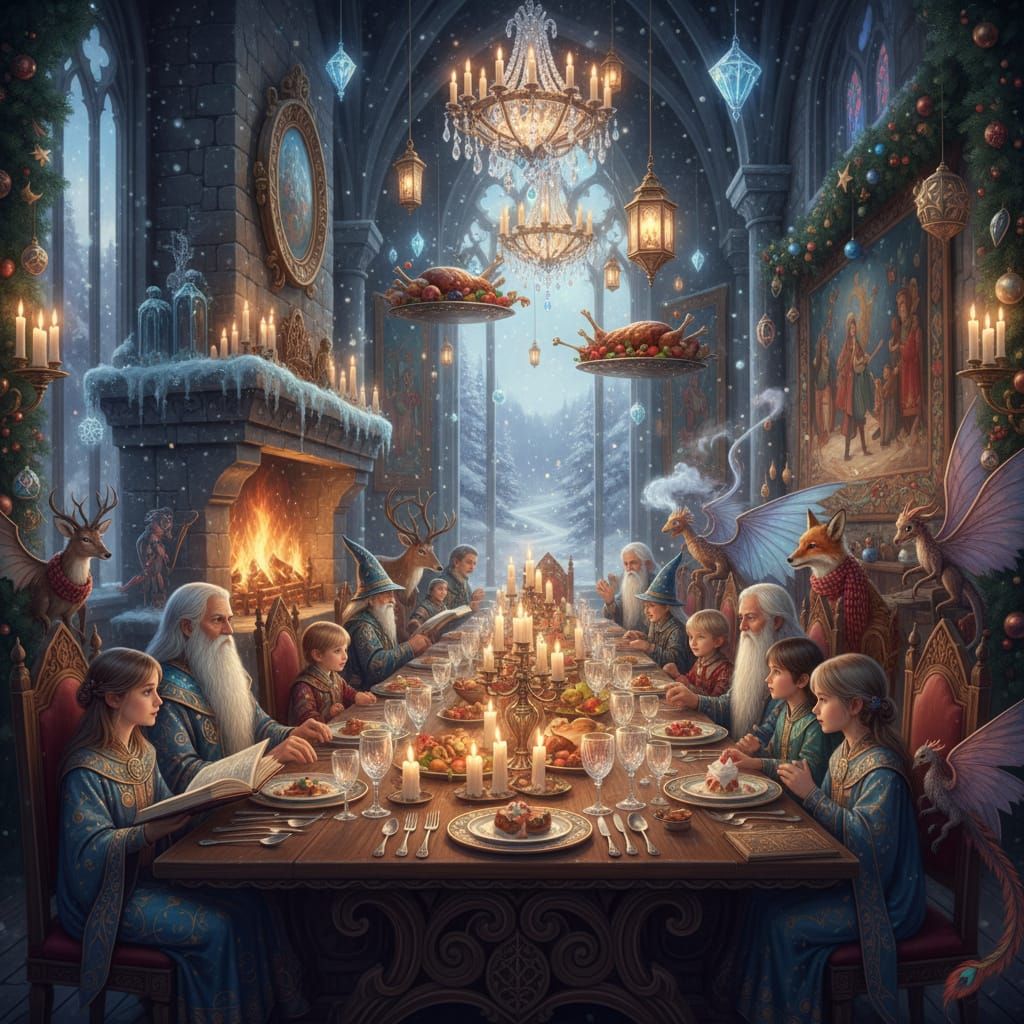 Enchanting Winter Castle Holiday Feast with Wizards and Fae