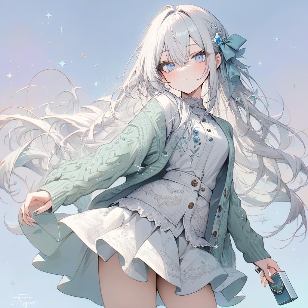 Girl with White Hair in Fairycore Cardigan