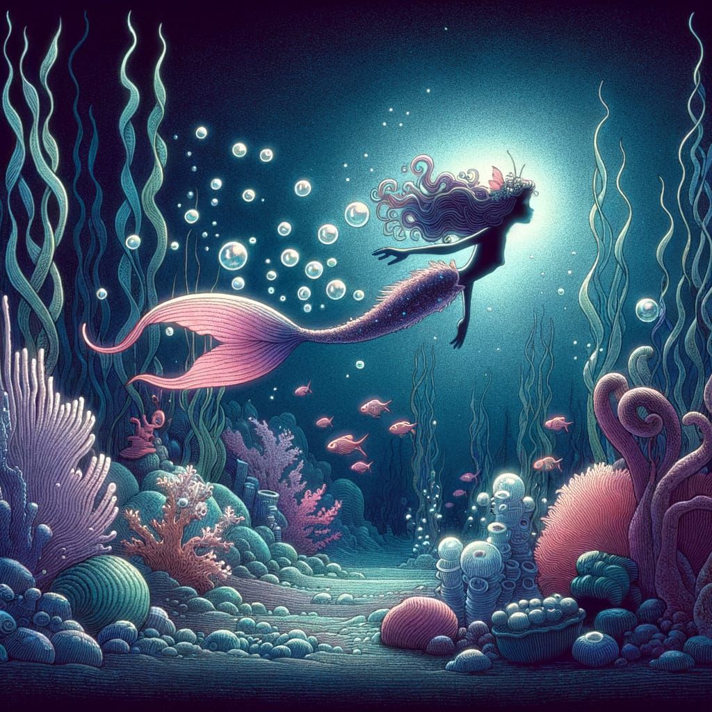 Whimsical Mermaid Girl Illuminates Enchanted Underwater Scen...