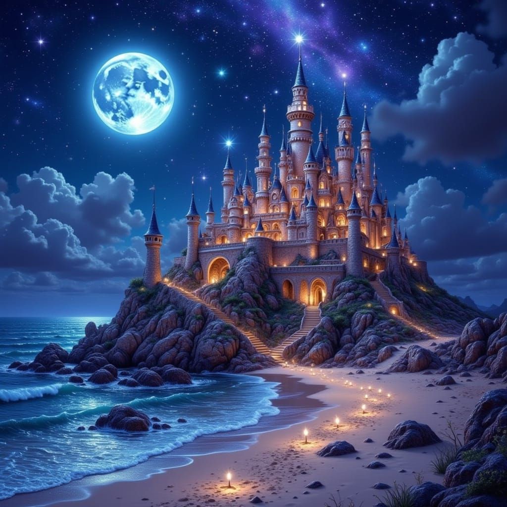 Majestic Nighttime Sandcastle in Hyperrealistic Style