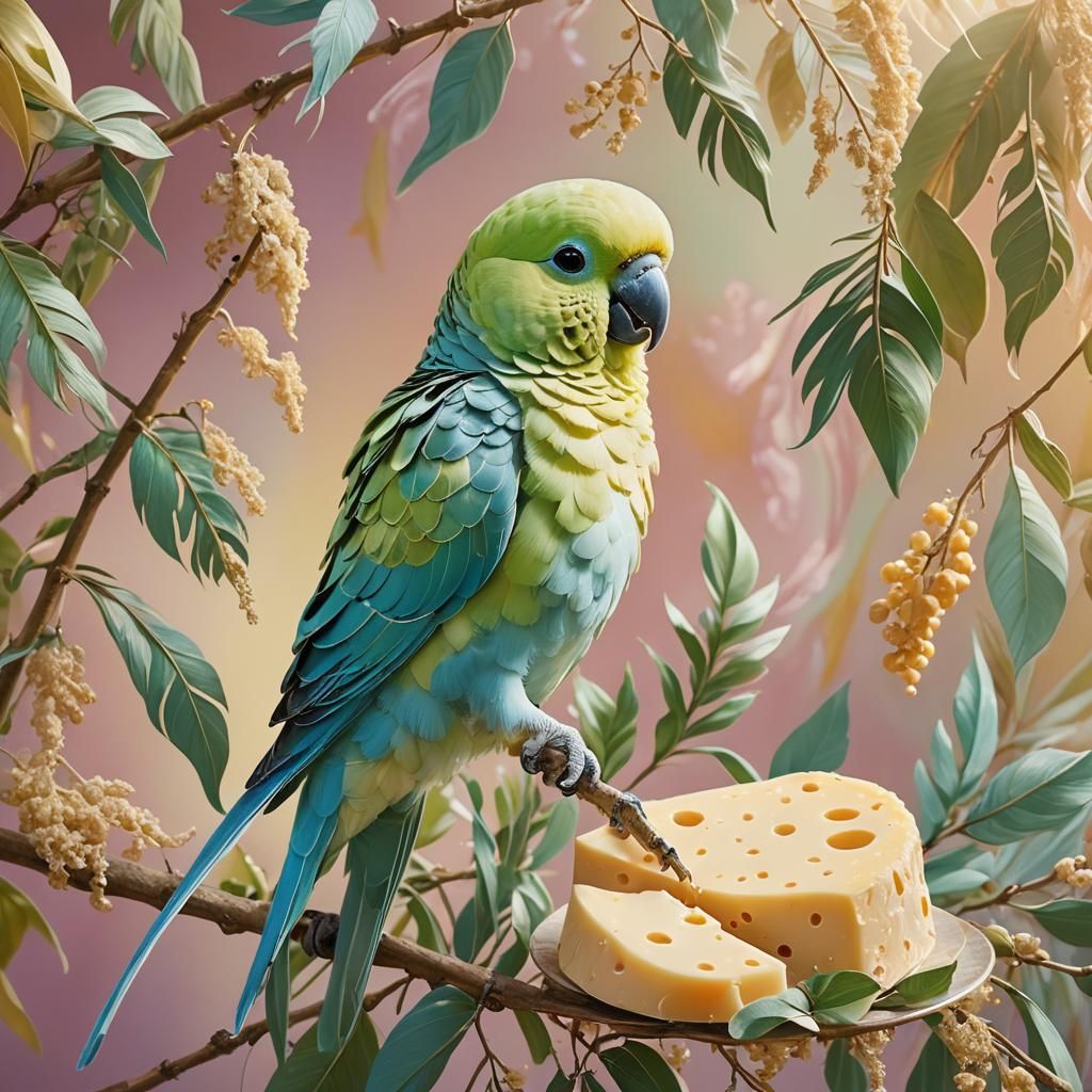 Cheese Parakeet in Surreal Dreamscape Illustration
