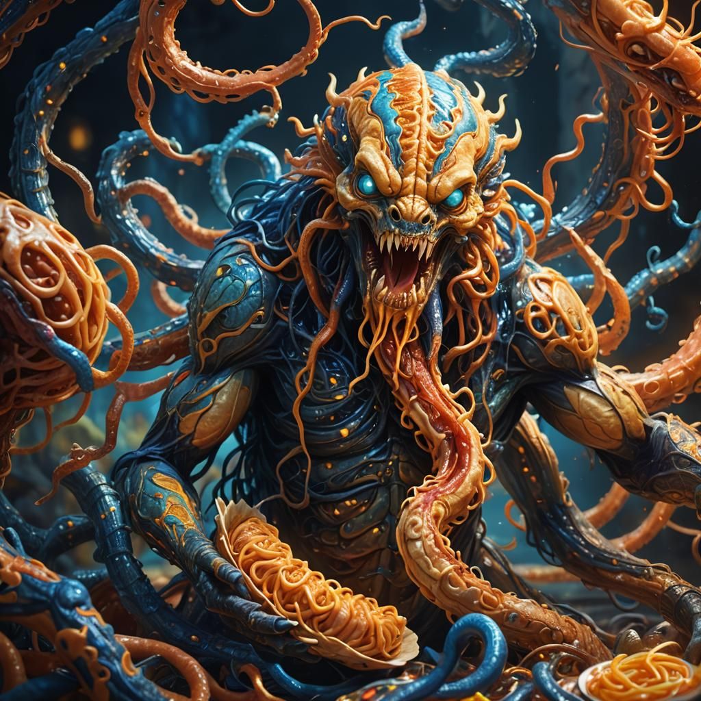 Fantasy Creature Eating Glowing Intestines: Concept Art