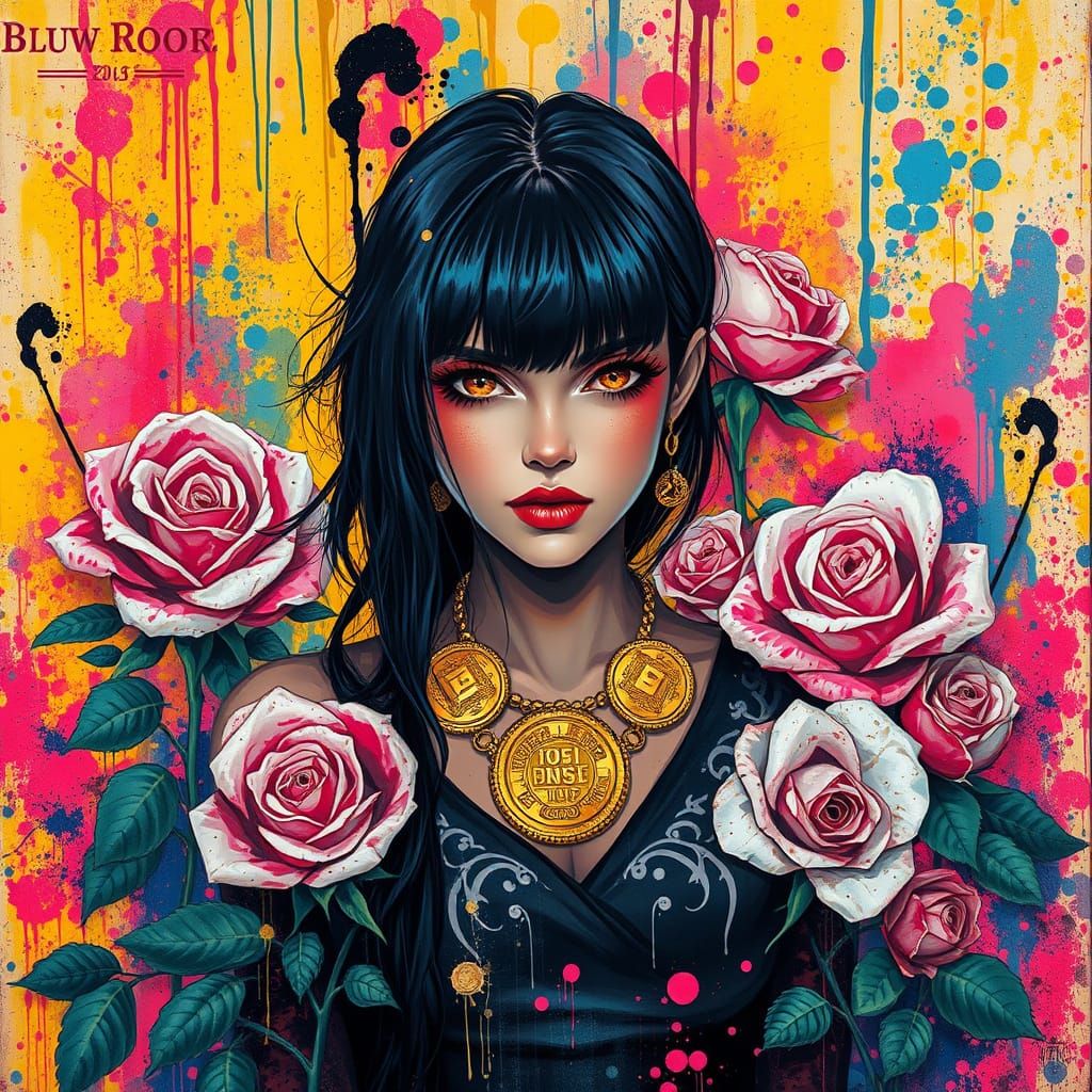 Woman in Gold Dress Amidst Roses, Splash Art Style