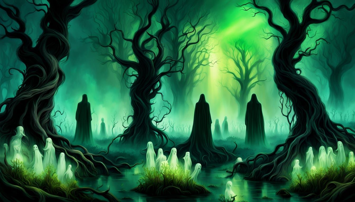 Ethereal Beings Amidst a Haunting Gothic Landscape