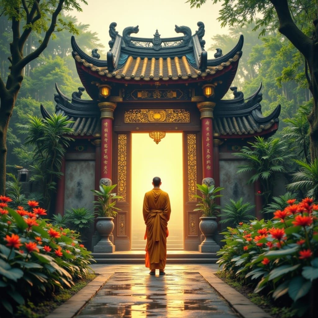 Serene Monk at Chinese Temple in Oil Painting