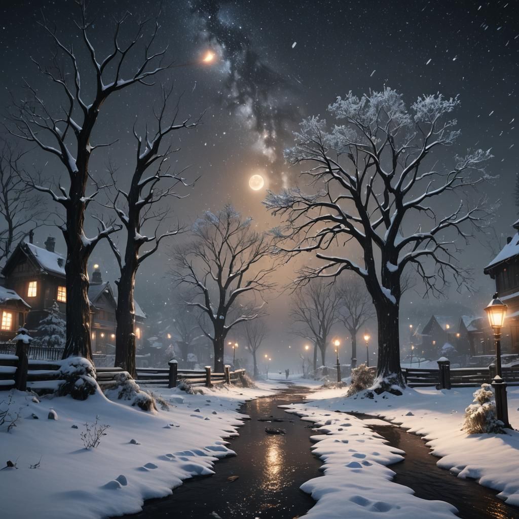 Starlit Night Snowfall: Fantasy Concept Art