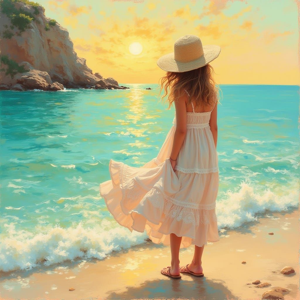 Girl at Sunset Shore in Impressionist Style
