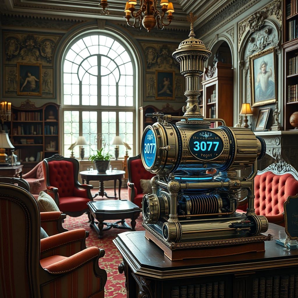 Victorian Parlor with Futuristic Steampunk Machine