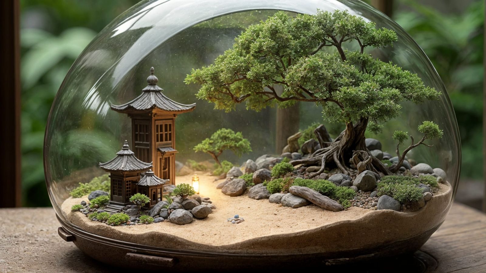 Miniature Zen Garden in Glass Terrarium, Hyperrealistic Phot...