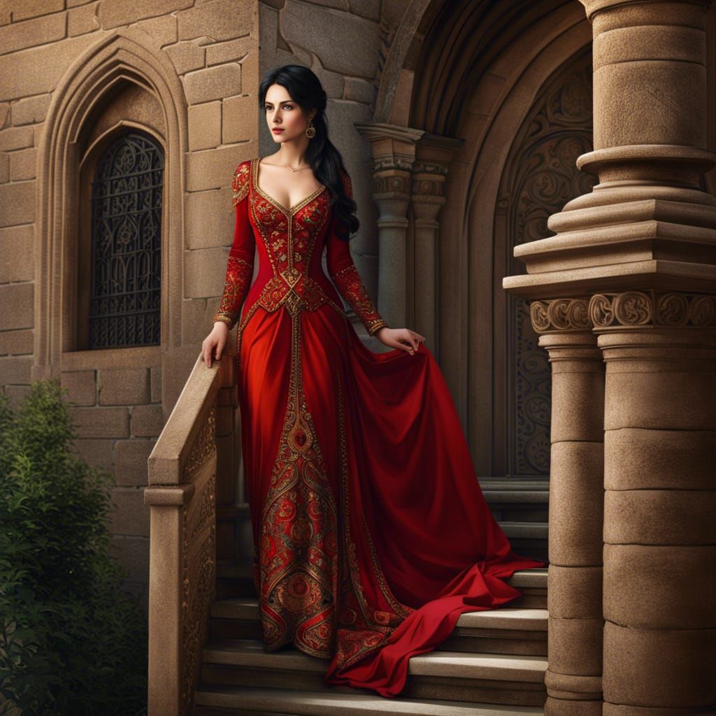 Medieval Maiden Descending Elegant Staircase