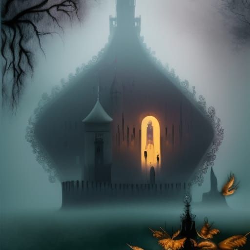 Gloomy Castle in Fog, Dark Fantasy Art