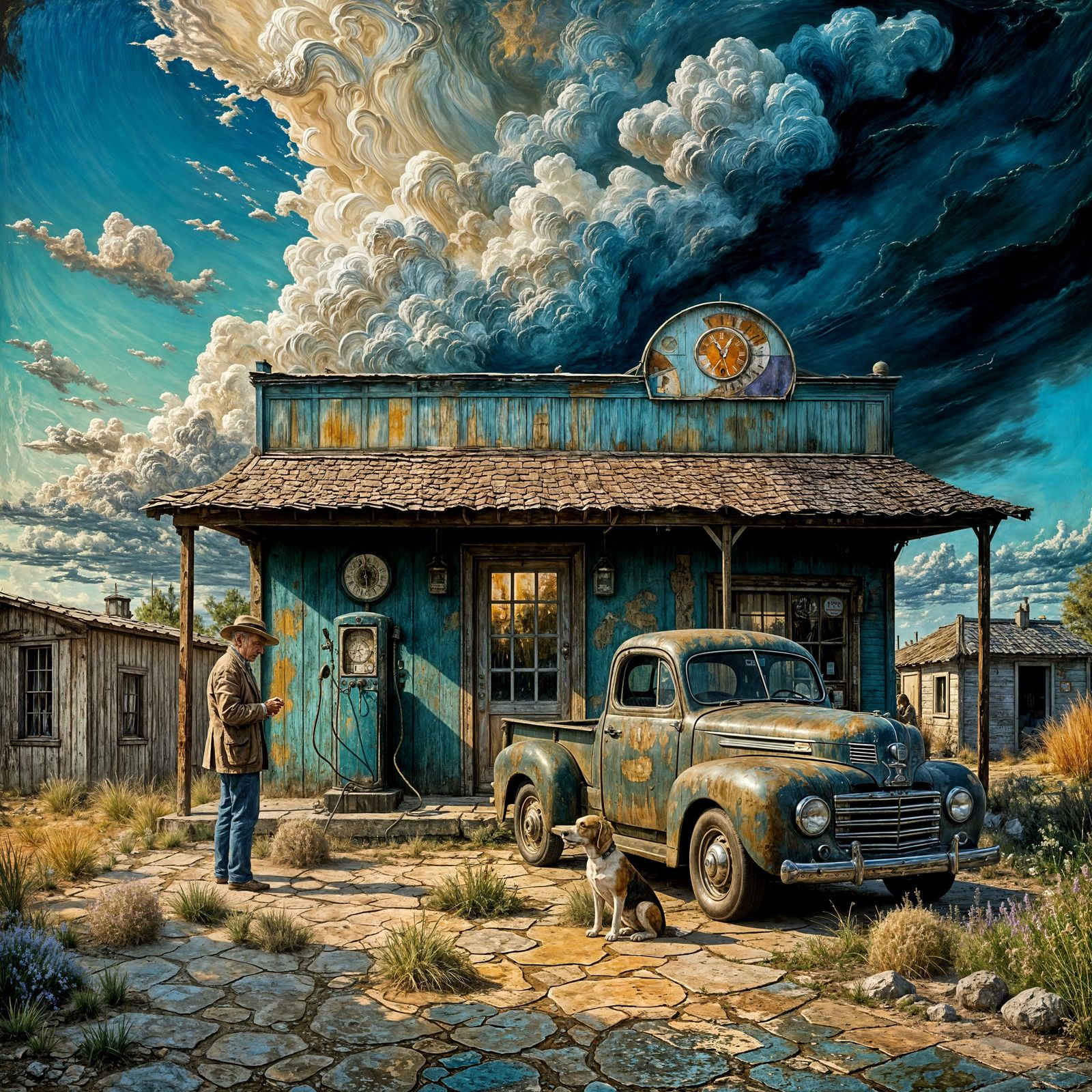 Surreal 1940s Gas Station Painting with Eerie Atmosphere