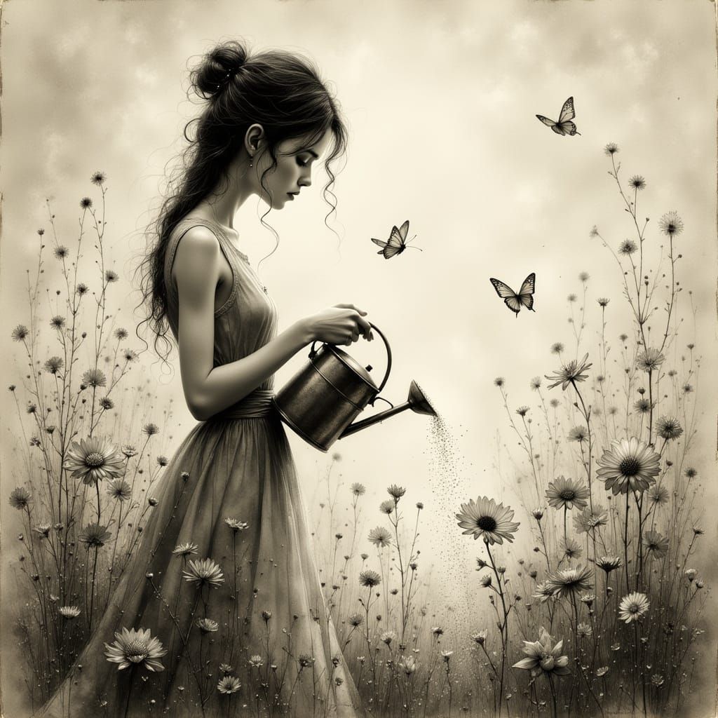 Surreal Garden Scene: Woman Waters Light-Transforming Flower...