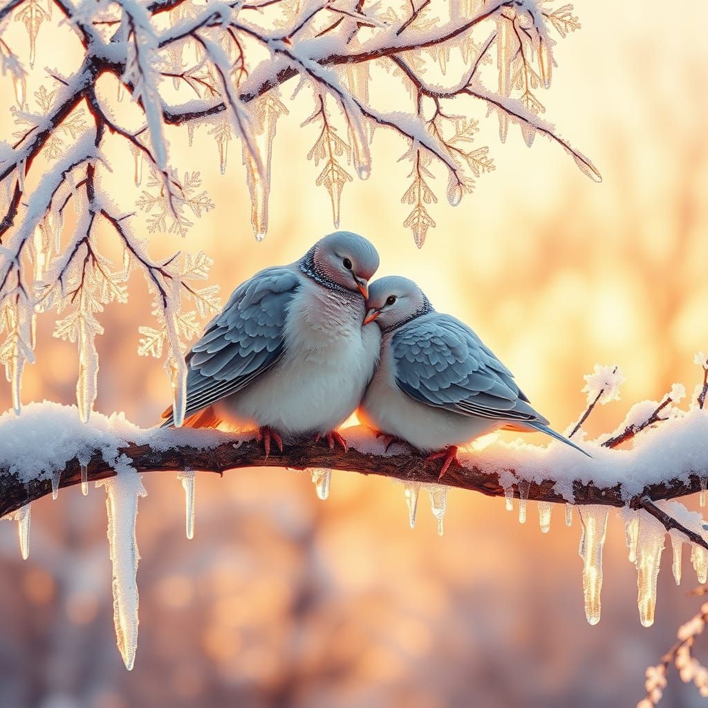 Frosted Branch with Doves in Watercolor Style