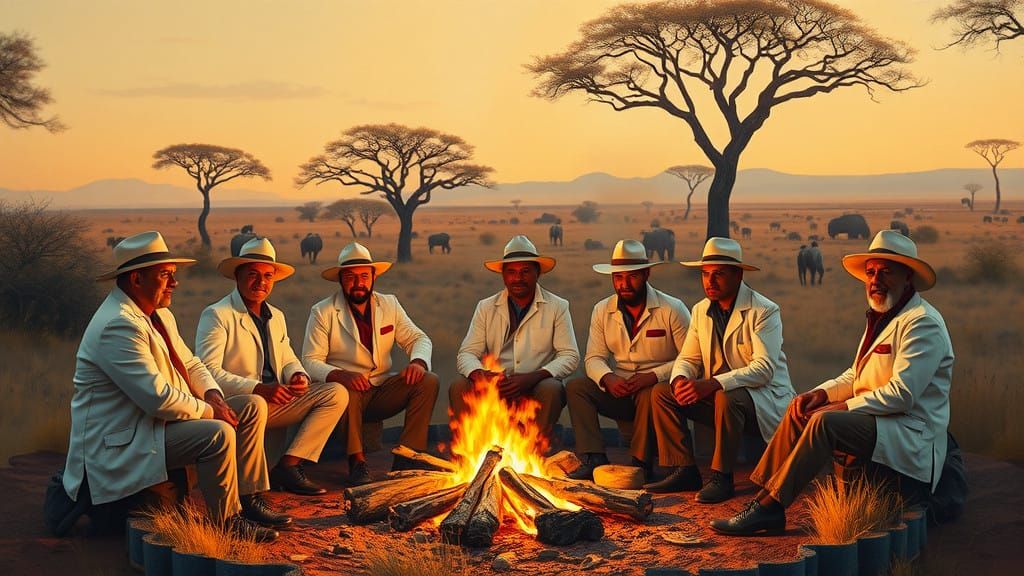 Men Gather Around Campfire in African Savannah