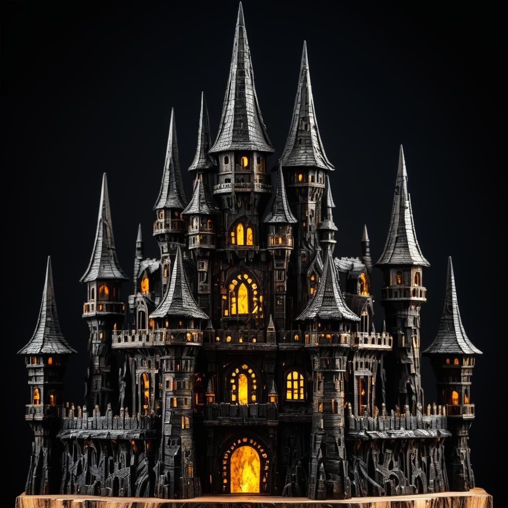 Intricately Carved Wooden Castle Sculpture in Mixed Media