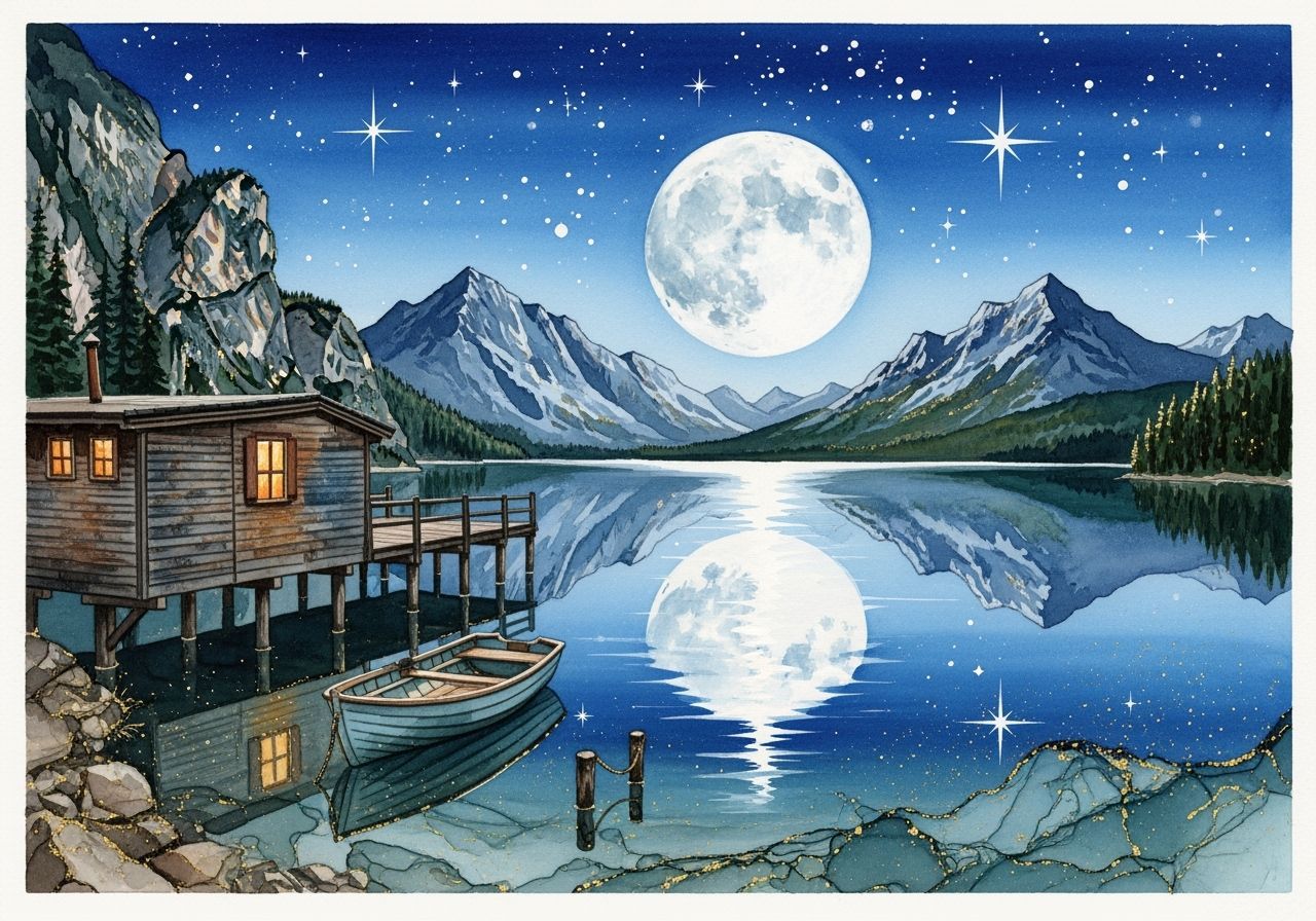 Fantastical Mountain Lake Scene as Watercolor Painting