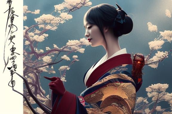 Spider Demon Lady in Kimono, Hyperdetailed Portrait