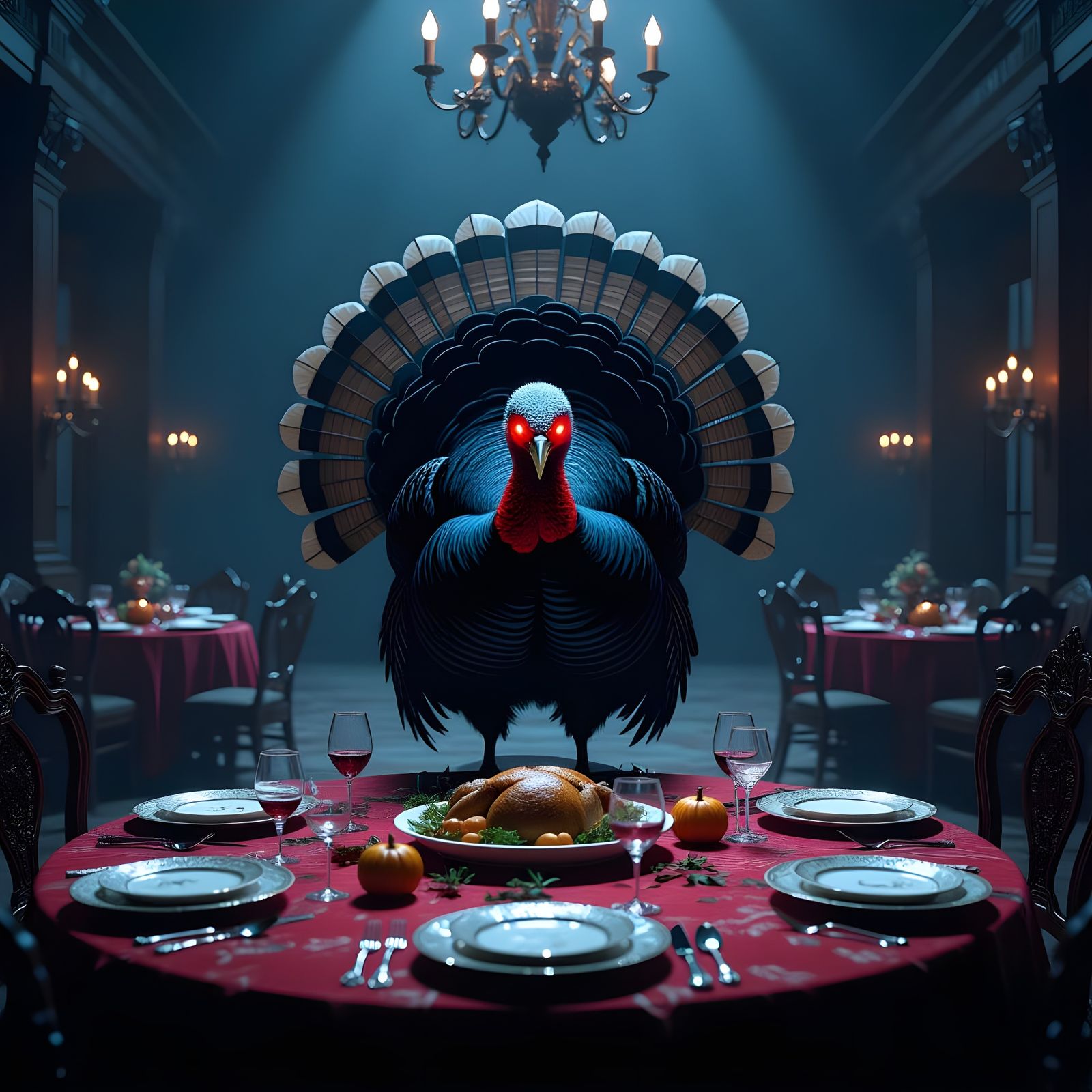 Menacing Shadow Turkey in Dark Fantasy Dining Hall