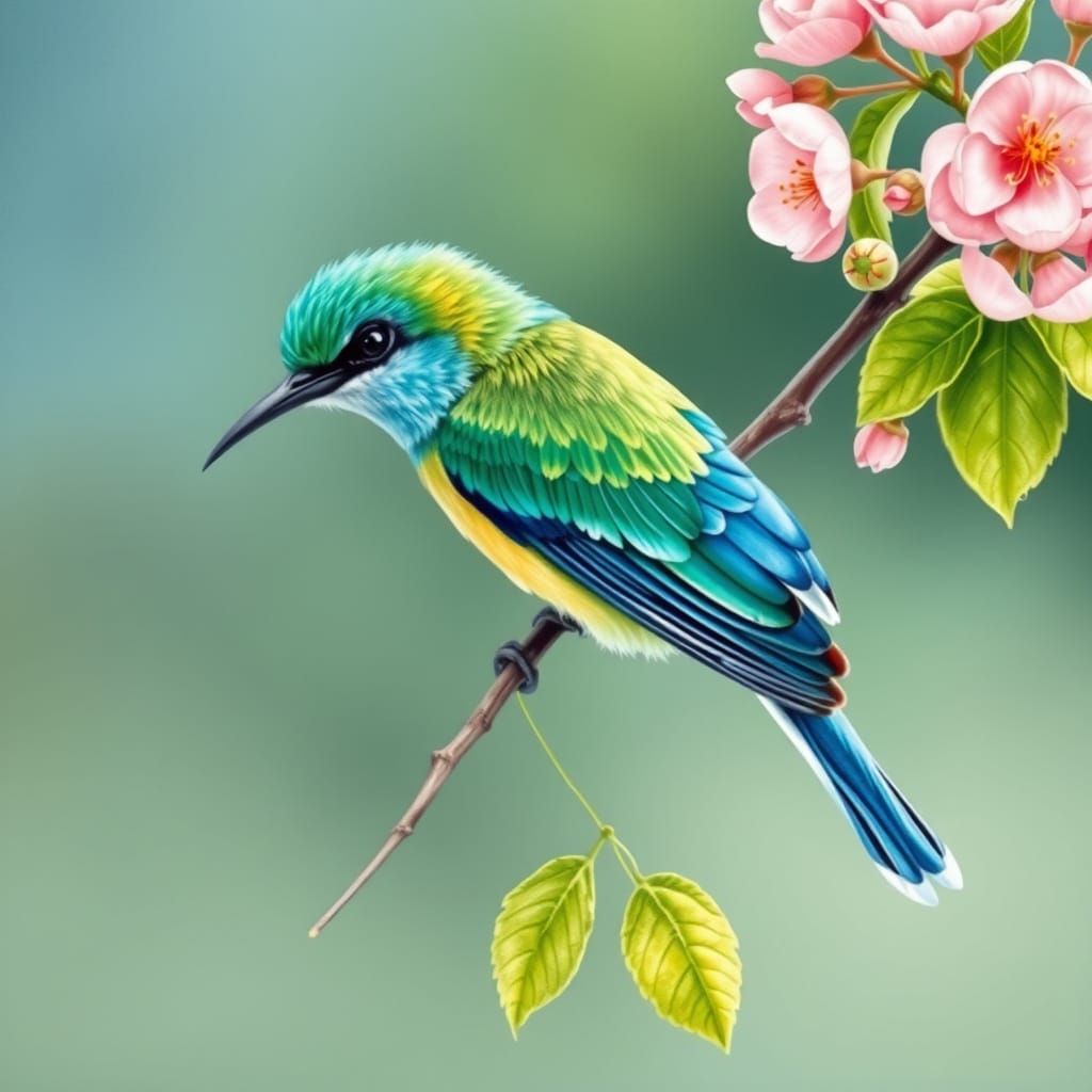 Emerald Hummingbird in Blossoms, Gouache and Watercolor Styl...