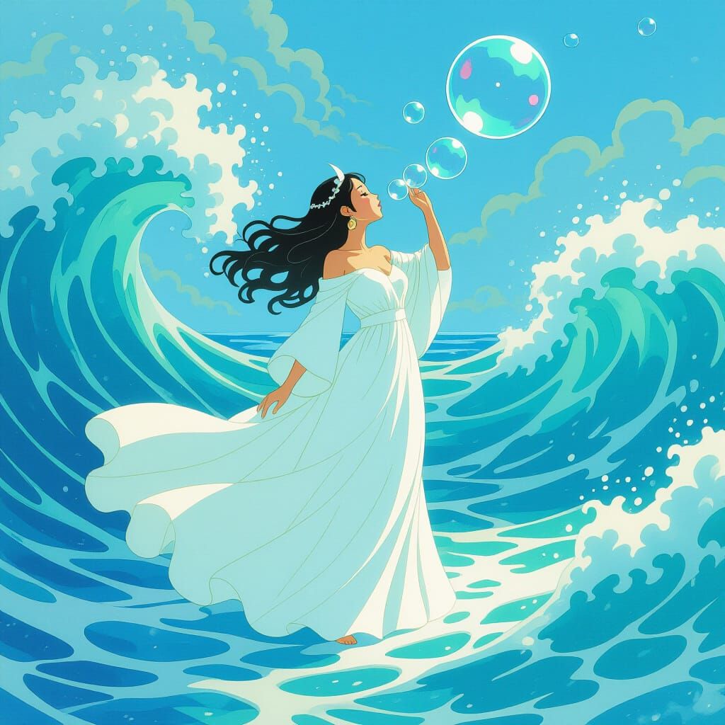 Goddess Blowing Bubbles in Turbulent Sea, Dreamy Art