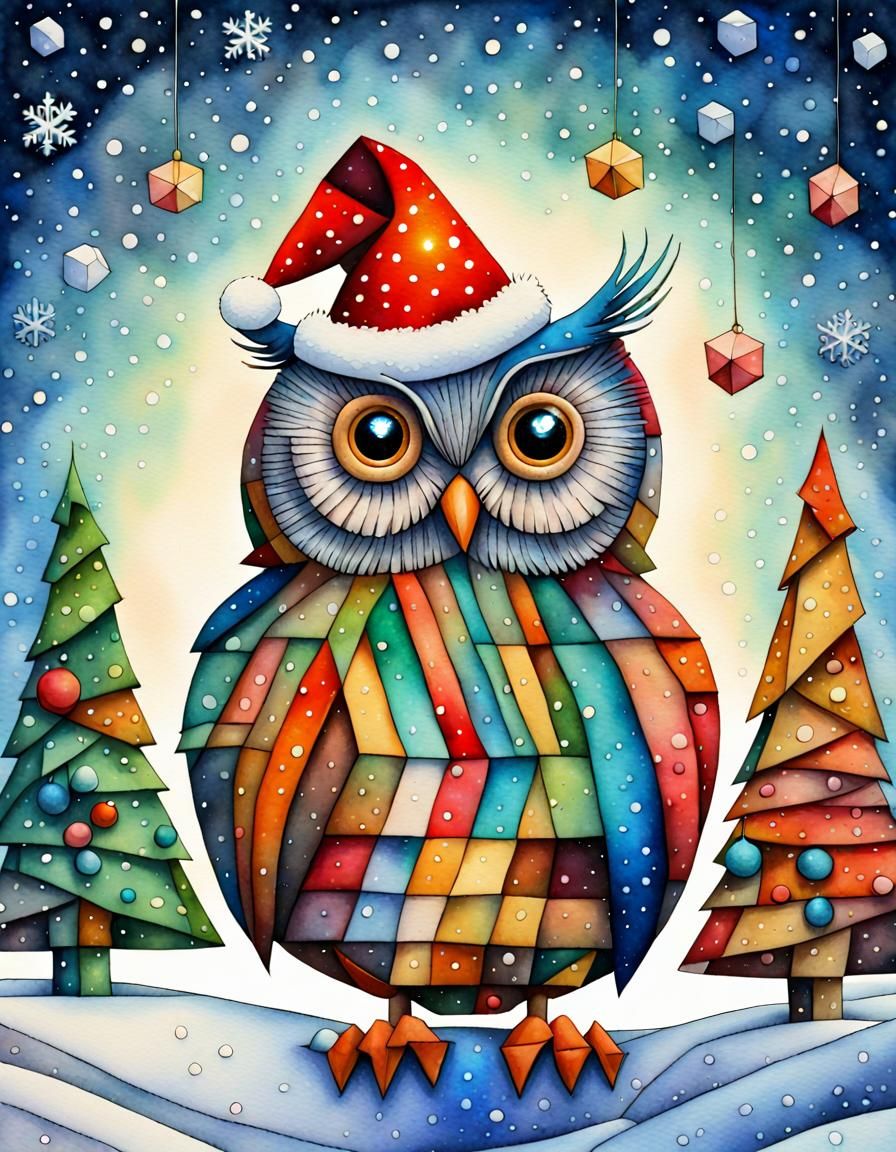 Surreal Christmas Scene with Cubist Owl and Iridescent Detai...