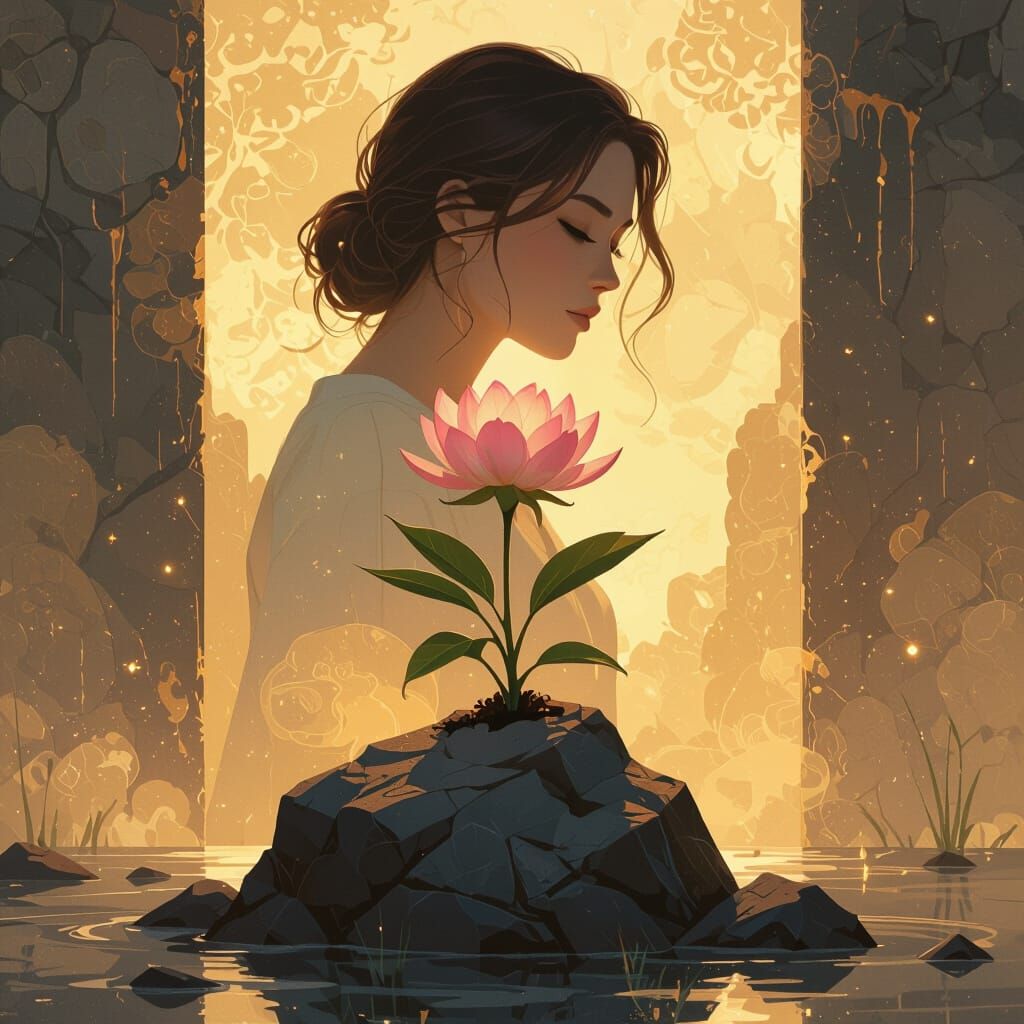 Flower Blooms from Rock: Ethereal Silhouette