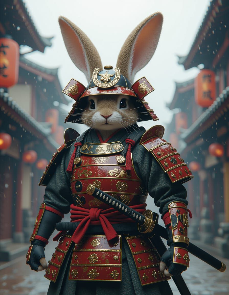 Samurai Rabbit in Armor, Fluffy and Adorable
