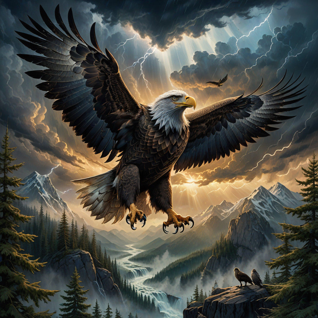 Majestic Eagle Soars Through Turbulent Sky in Vibrant Fantas...