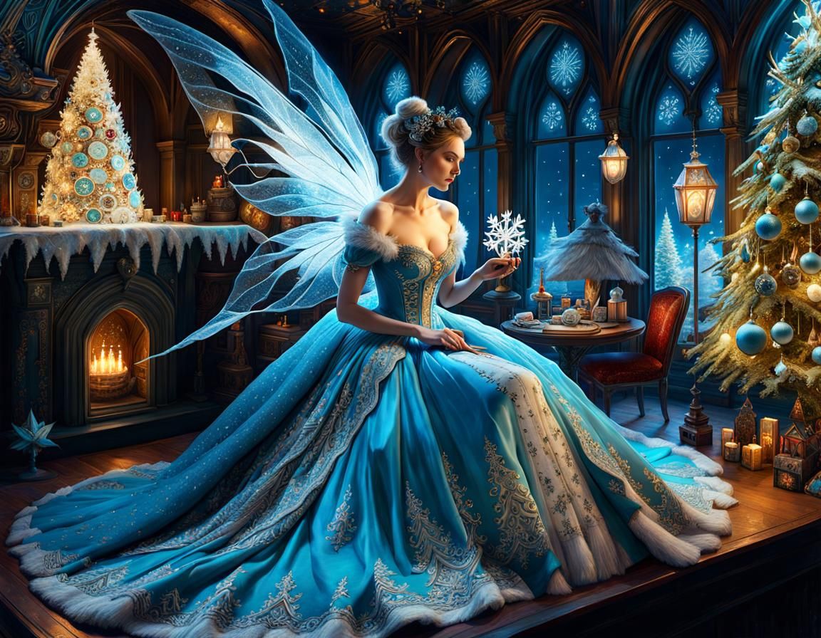 Fairy Embroidering Snow Crystals: Fantasycore Artwork
