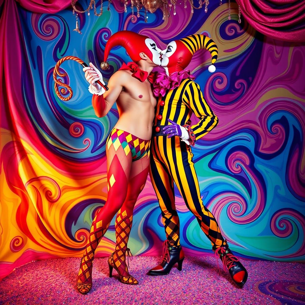 Vibrant Harlequin Kissing Pierrot in Whimsical 80s Setting
