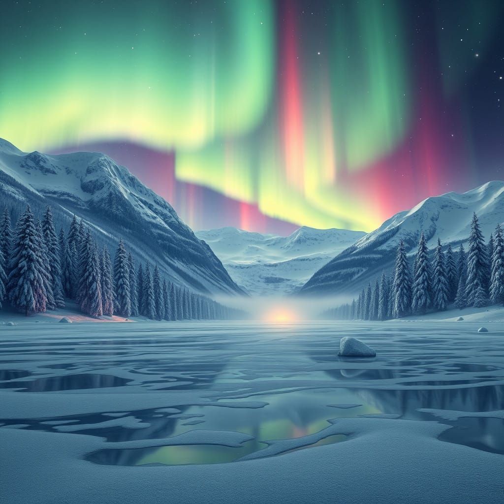 Winter Landscape with Northern Lights in a Detailed Matte Pa...