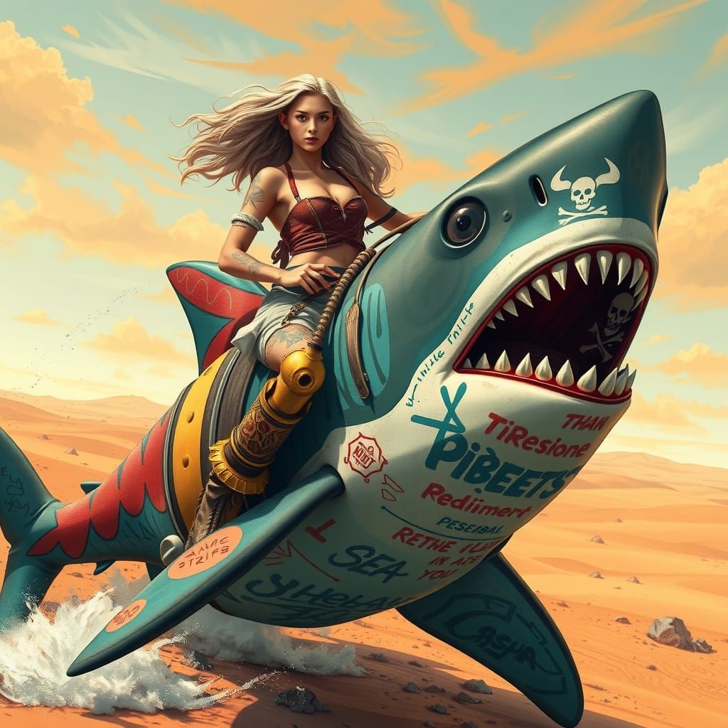 Woman Rides Graffiti Shark in Syd Mead Style