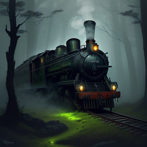 Majestic Steam Train in Bioluminescent Forest
