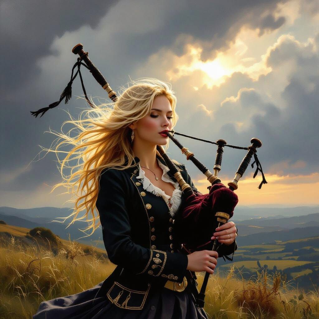 Blonde Woman Plays Bagpipe on Windswept Hillside