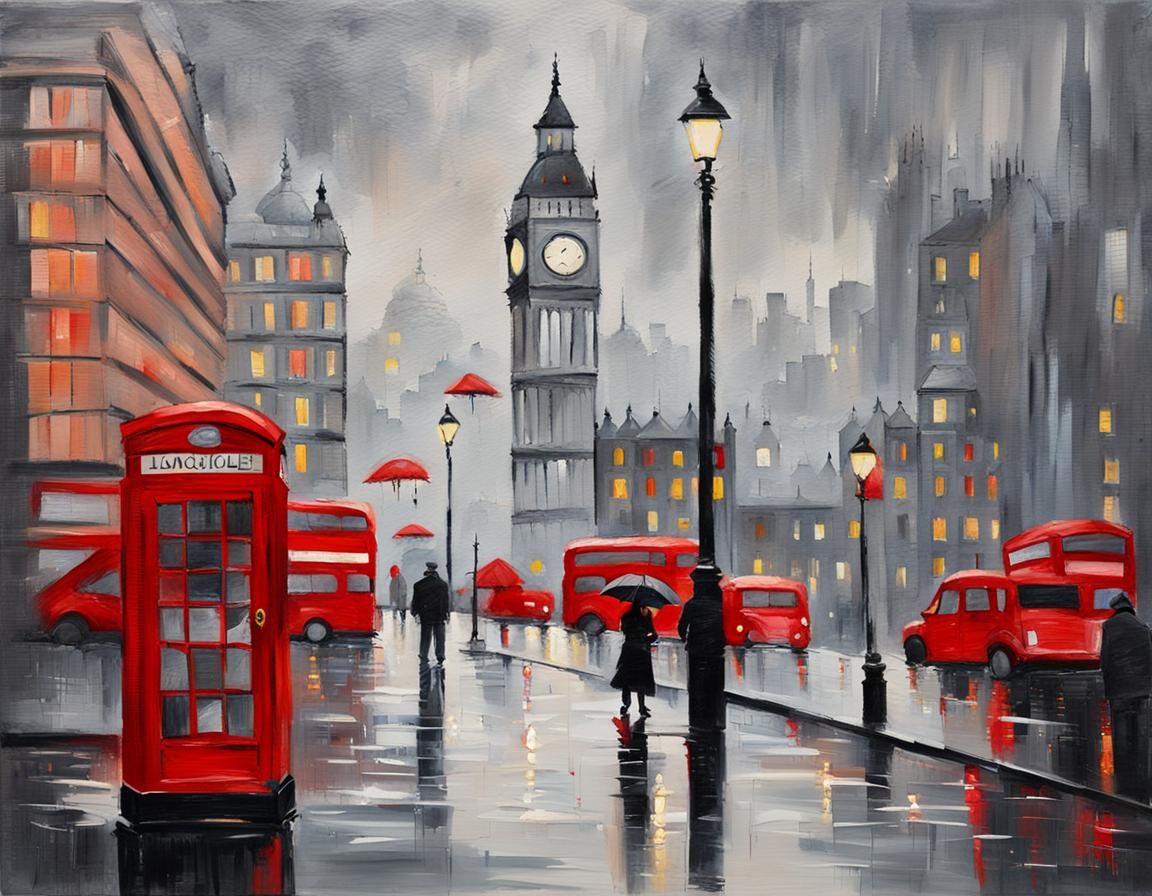 Rainy London Street Scene in Gouache Watercolor