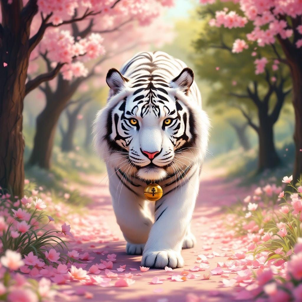White Tiger in Cherry Blossom Park, Dreamy Art