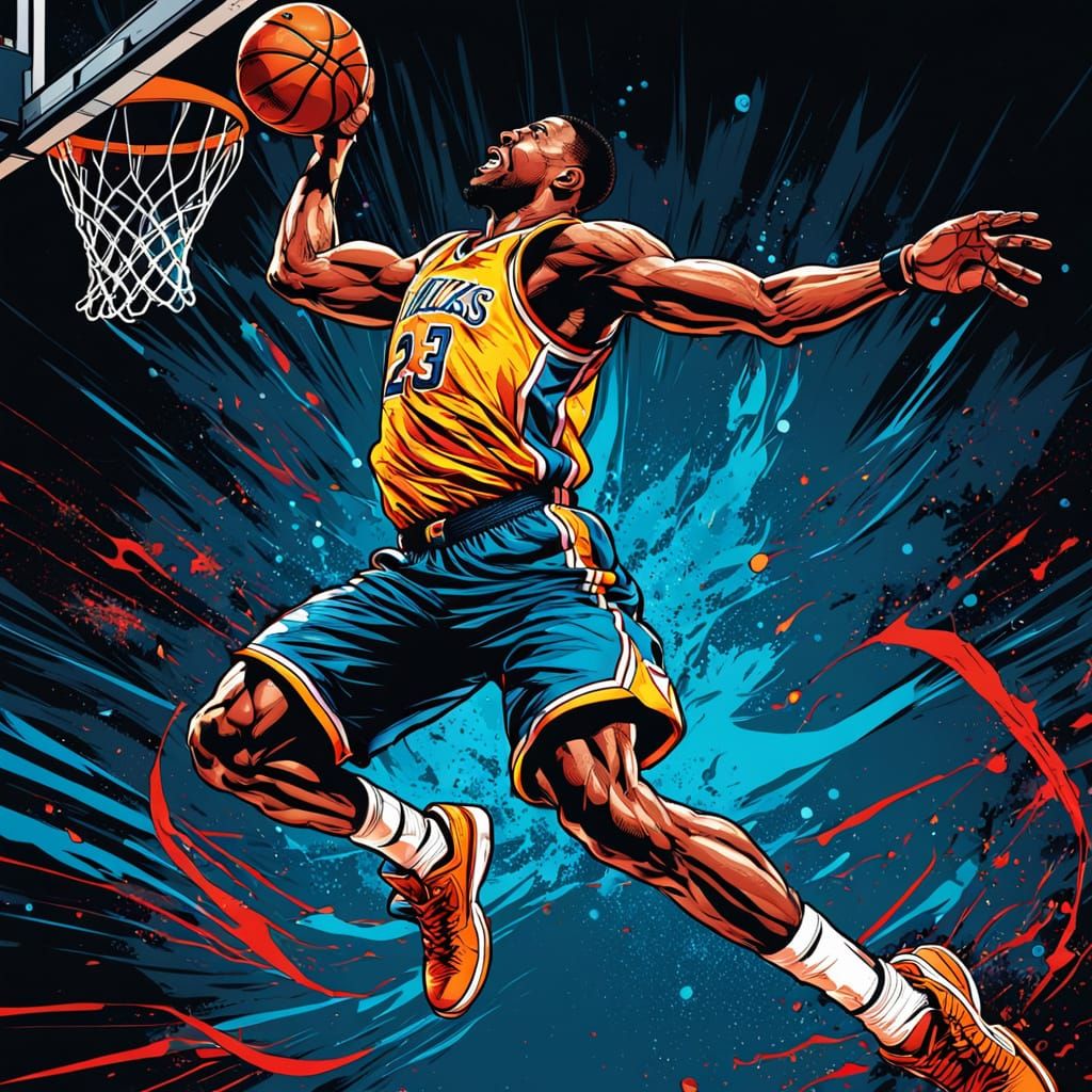 Basketball Player Slam Dunk in Comic Book Style
