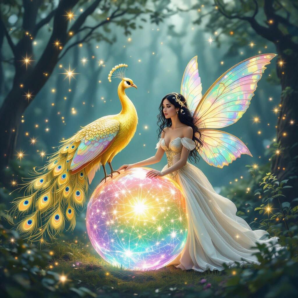 Golden Peacock & Fairy in Mystical Forest with Starlight