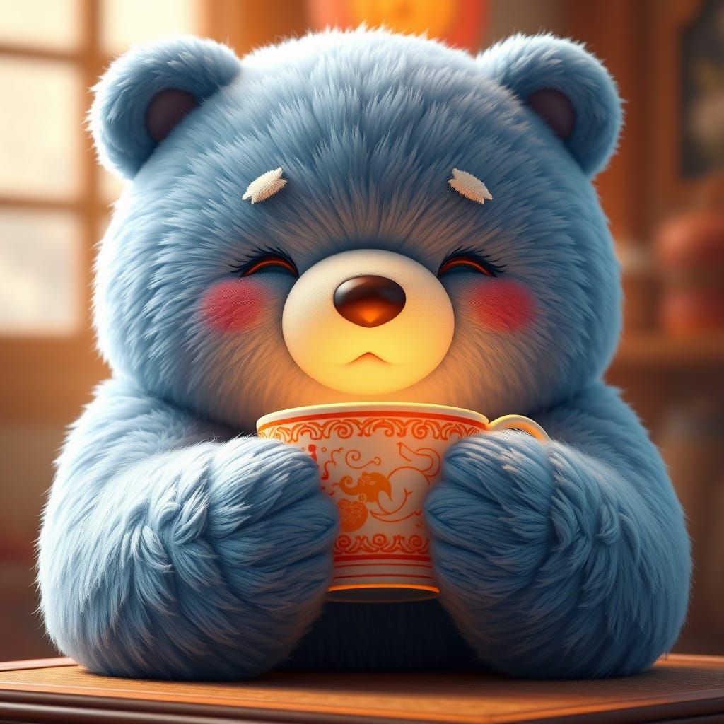 Majestic Blue Bear Savoring New Year's Tea in Soft Light