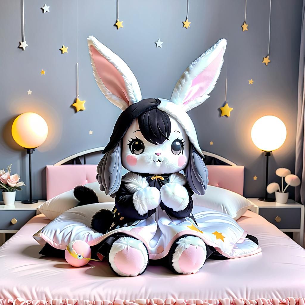 Cute Black Rabbit Plushie on Moon Bed